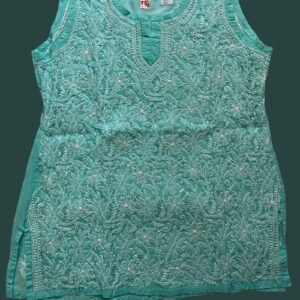Short Kurti Sleeveless - Chikankari Hand-Embroidered - Sky Blue